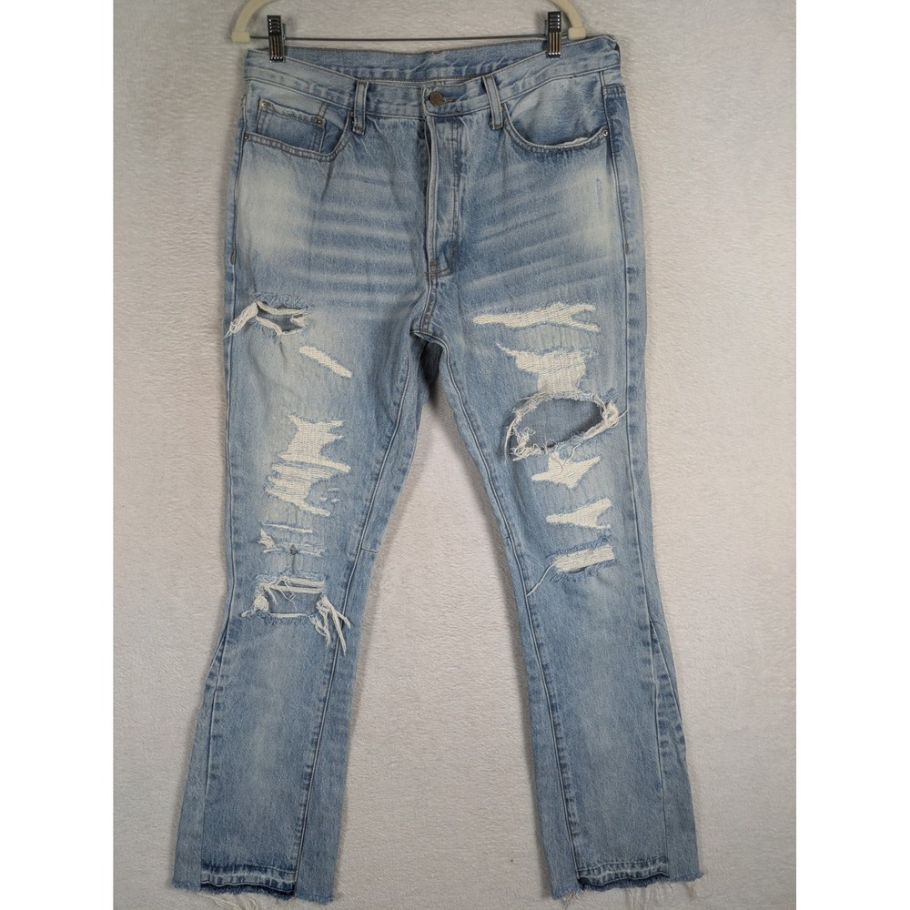 mnml Jeans Women's 34 Light Blue Distressed Ripped Straight Leg Raw Hem